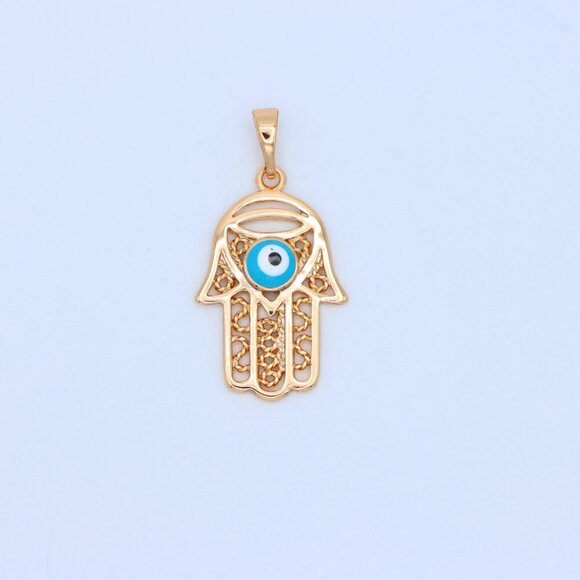 "Rose Gold Hamsa Hand Pendant with Blue Evil Eye and Filigree Design, XPPT1483 - Picture 10 of 12
